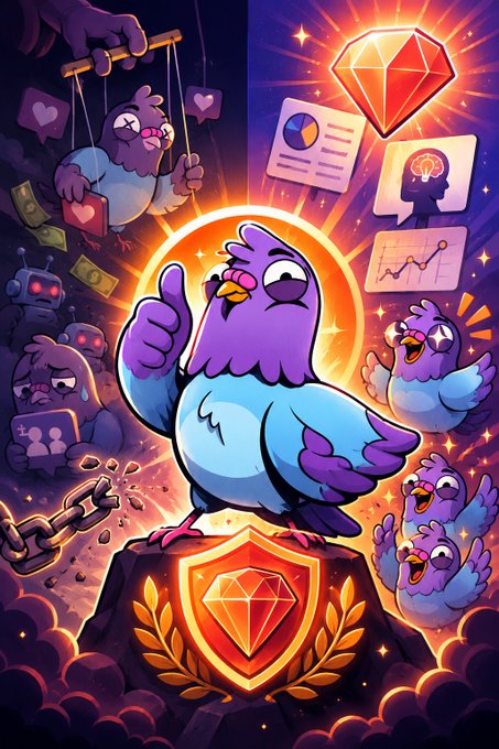 A triumphant purple bird gives a thumbs-up while standing on a pedestal with a gem shield, surrounded by imagery of manipulation (puppet strings, money, broken chains) on one side and merit-based rewards (a glowing ruby, analytics charts, brain icon) on the other, visually contrasting fake follower counts with authentic AI quality scoring. The image reinforces the post's message that @RallyOnChain replaces gameable follower metrics with a verification standard that cannot be farmed or bought.
