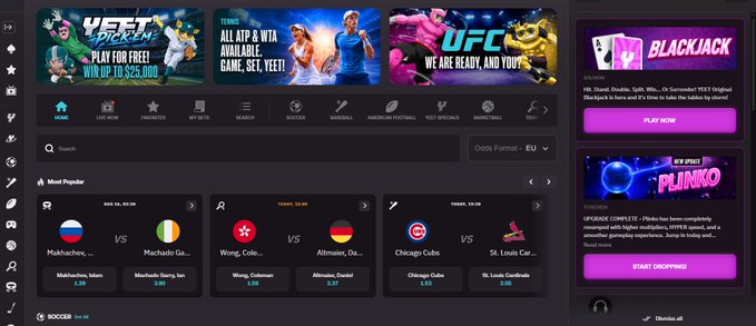 A sports betting website interface showing various markets including NFL, MMA, soccer, and UFC, alongside 'BLACKJACK' and 'PLINKO' casino games on the right sidebar.