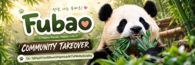 A banner image for the Solana token $FuBao features a panda eating bamboo alongside the text "FuBao," "Happy Panda, Happy Life," "Community Takeover," and a contract address (Ca: 5jbfqqzVlyzUMzwASPQp4tdu3RT7xPWhNysEzqq5vg), supporting the announcement of a community member adding it to Moby.
