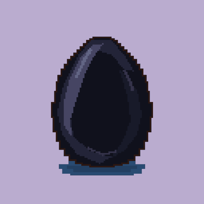 A pixel art illustration of a dark, glossy black egg-shaped object resting on a small blue pedestal against a light purple background.