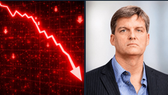 The image is a split composition showing a downward red stock market chart on the left and a photo of a serious-looking man on the right, visually representing a financial loss or "rug pull." It satirizes the accompanying post's boastful tale of a $14 meme coin turning into $55K, implying the reality is the opposite—a devastating trade where the poster's investment dropped by 80-90%, leaving them with deep regret rather than the massive gains they claim.
