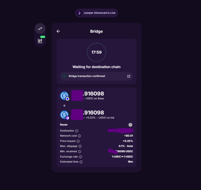 A Jumper Exchange bridge interface showing a pending transaction at 17:59, waiting for destination chain confirmation to swap xxx.916098 USDC from Base to ink chain with 0.1% Auto max slippage, <$0.01 network cost, and an 18-minute estimated time. The notification at the top announces "Jumper Advanced is Live," and the route details confirm the user is using Jumper to bridge their USDC between chains.
