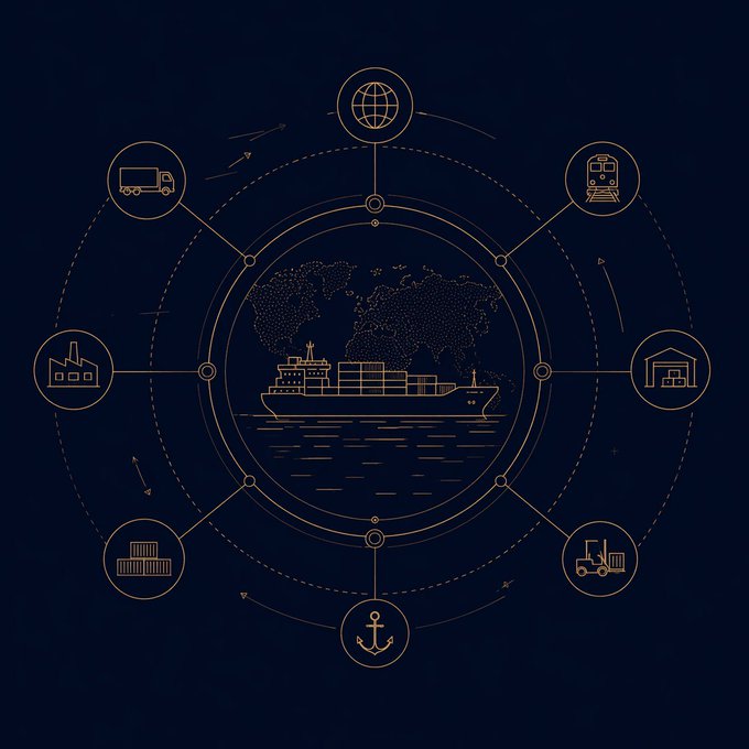 A dark blue infographic showing a cargo ship at the center of a circular network diagram with gold line icons representing global trade, transportation, factories, warehouses, and logistics.