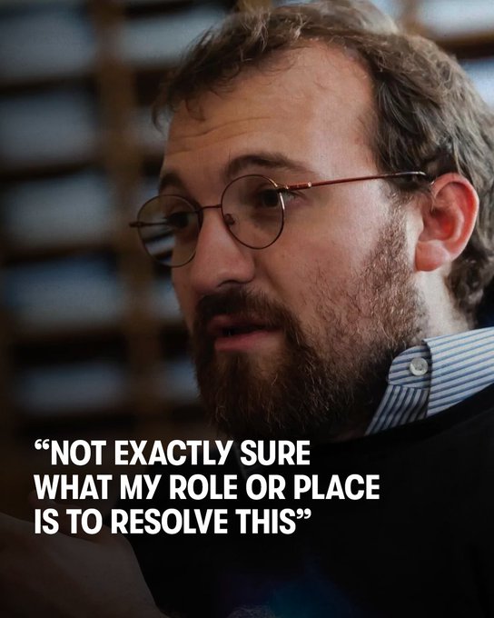 The image features a man wearing glasses, with his chin resting against a wall. The caption reads "not exactly sure what my role or place is to resolve this", which seems to be a reference to Charles Hoskinson's recent post about the challenges faced by the Cardano ecosystem in the market.