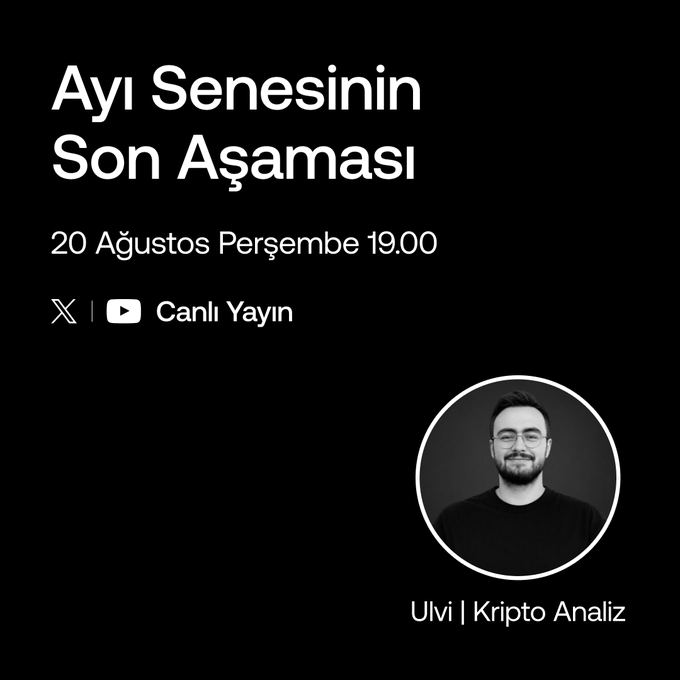 A promotional graphic for a Turkish-language live broadcast titled "Ayı Sezonının Son Aşaması" (Final Phase of Bear Season) scheduled for Thursday, August 20 at 19:00, featuring analyst Ulvi from Kripto Analiz, with streaming on X and YouTube—matching the post's announcement of a market analysis livestream covering critical levels and upcoming scenarios.