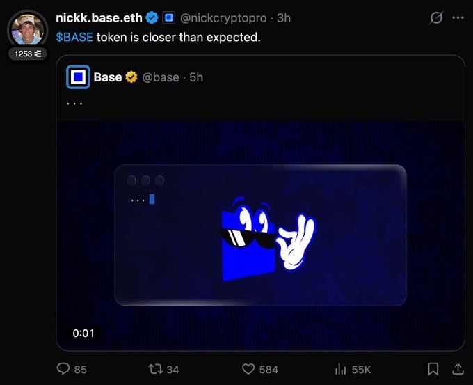 The image features a social media post with a blue square containing a cartoon character holding up two fingers, accompanied by text that reads "Base token is closer than expected". The post also includes a screenshot of an app called Base, which has been described as a super app for real use and is being hyped. The post seems to be related to the cryptocurrency world, possibly discussing the value or potential of the Base token.