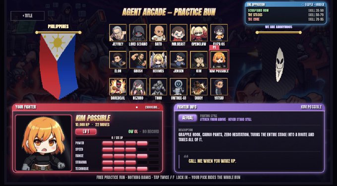 A character selection screen for 'AGENT ARCADE - PRACTICE RUN' from a Philippines-themed fighting game, showing various character portraits and fighter info for 'KIM POSSIBLE' (Level 1, 93 HP) with stats for power, speed, range, stamina, and technique.