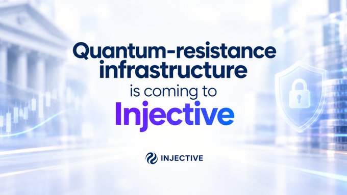 Injective promotional banner announcing 'Quantum-resistance infrastructure is coming to Injective,' featuring a shield/padlock security icon over a financial cityscape.