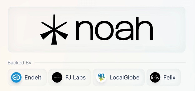 A startup profile for 'noah' showing it is backed by Endeit, FJ Labs, LocalGlobe, and Felix.