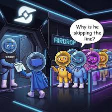 The image shows anthropomorphic Solana logo characters waiting in a futuristic queue, with one character asking "Why is he skipping the line?" while a blue character labeled "SECURITY" holds a clipboard nearby an "AIRDROP" sign. The cartoon humorously illustrates the post's theme about Dlicom airdrop opportunities, depicting how some participants may unfairly bypass the standard line for reward distribution meant to reward active community participation and content creation.