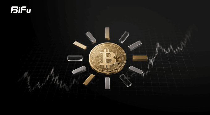 A gold Bitcoin coin is displayed at the center surrounded by gold and silver bars arranged in a sunburst pattern, with a candlestick chart in the background. The text "BiFu" appears in the upper left corner.
