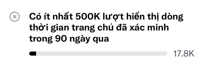 A Vietnamese language screenshot displaying a Twitter impression requirement notification: 'Có ít nhất 500K lượt hiển thị dòng thời gian trang chủ đã xác minh trong 90 ngày qua' with a progress bar at 17.8K.