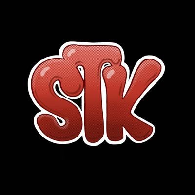 Stylized, bubble-letter graffiti sticker or graphic of the letters 'STK' in a reddish-brown color with white outlines against a black background.