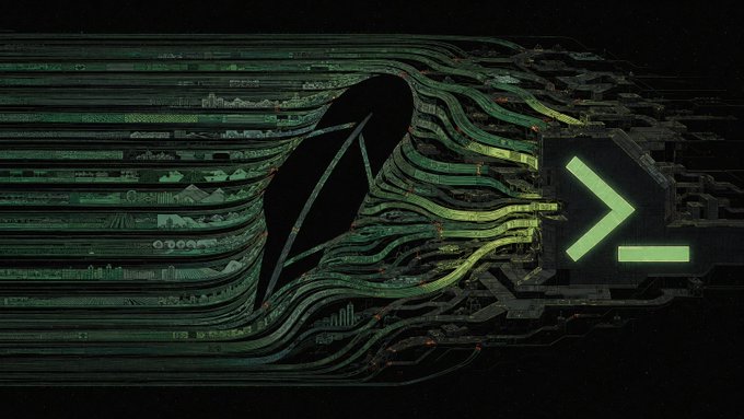 A stylized digital artwork showing a command-line terminal with a green '>' prompt flowing into circuit board patterns.