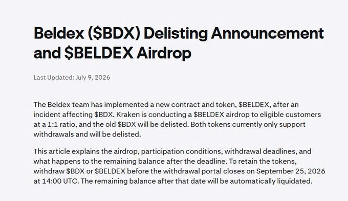 A text document titled 'Beldex ($BDX) Delisting Announcement and $BELDEX Airdrop', last updated July 9, 2026, detailing the new contract and a 1:1 airdrop, with a withdrawal deadline of September 25, 2026.