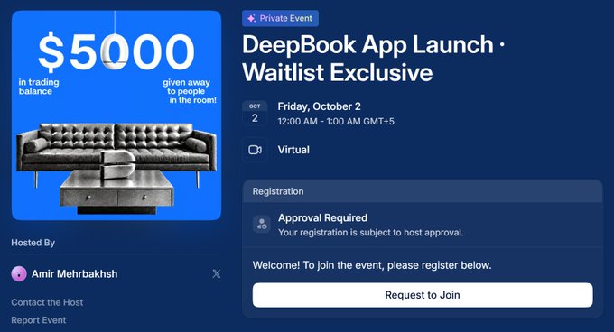 An event registration page for a 'Private Event' titled 'DeepBook App Launch · Waitlist Exclusive' scheduled for Friday, October 2, hosted by Amir Mehrbaksh, offering a $5000 trading balance, with a 'Request to Join' button.
