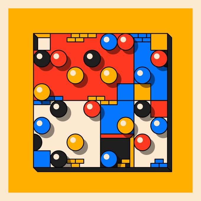 The image features a square canvas with a grid of circles, each containing a different color - red, yellow, blue, green, and black. The squares are arranged in rows and columns, creating an abstract pattern that resembles a flatland scene from the famous children's book "Flatland" by Edwin A. Abbott. The image is accompanied by a caption that reads: 
"Flatland #39 on @objktcom 1/1".