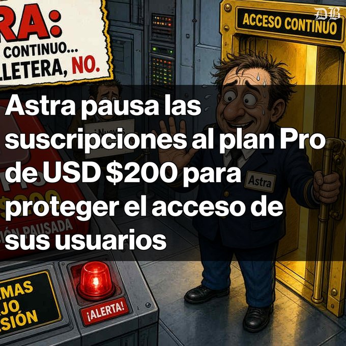 A cartoon illustration of a nervous man in a suit labeled 'Astra' standing in a server room with a red alert button, overlaid with Spanish text: 'Astra pausa las suscripciones al plan Pro de USD $200 para proteger el acceso de sus usuarios.'