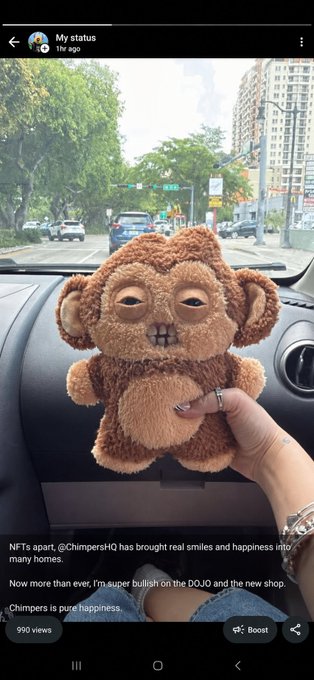 The image shows a person holding up a stuffed monkey toy inside a car. There are also text elements present in the image that provide information about the post or the account where the photo was taken, such as "My status" and "ChimpersHQ". The focus of the image is on the stuffed monkey toy, with no other objects visible.