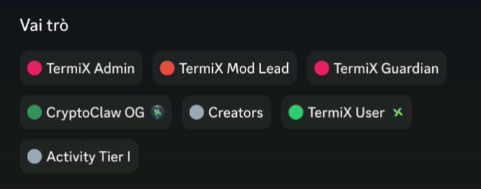 A Discord role display showing seven roles including TermiX Admin, TermiX Mod Lead, TermiX Guardian, CryptoClaw OG, Creators, TermiX User, and Activity Tier I. The image visually represents the post's point about role-based access in the TermiX community, where evaluator and arbitrator positions are operator-granted through these specific roles rather than self-assigned.