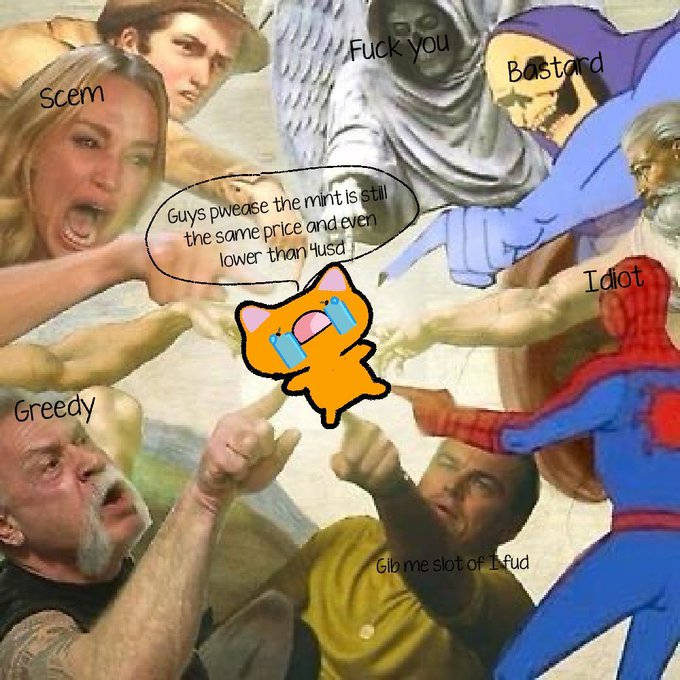 A crying cat meme is surrounded by angry pointing fingers labeled "Scem," "Fuck you," "Bastard," "Idiot," "Greedy," and "Gim me alot of Lfud," with the cat pleading "Guys pweese the mint is still the same price and even lower than 4usd !", humorously depicting the backlash faced by a project (referred to as "Lfud" or Pilão) for allegedly inflating or misrepresenting mint prices during its launch.