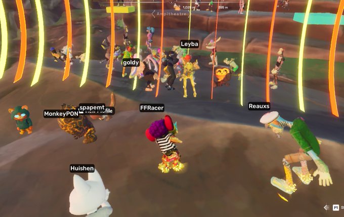 Screenshot of a multiplayer video game scene showing various avatars (labeled with names like 'Leyba', 'goldy', 'FFRacer', 'Reaux', 'MonkeyPWN', 'spamemt', 'file', 'Huishen') gathered near glowing orange rings in an area marked 'Amphitheatre'.