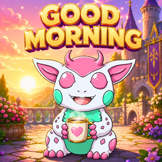 A cartoon illustration features a cute pink and white dragon-like creature holding a heart-decorated mug of coffee, with 'GOOD MORNING' displayed in bold golden letters against a fantasy landscape.