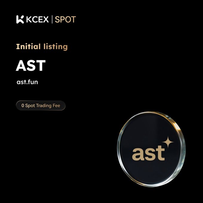 A cryptocurrency exchange announcement from "KCEX | SPOT" for the initial listing of "AST" (ast.fun), highlighting "0 Spot Trading Fee" next to a gold-rimmed "ast" coin graphic.