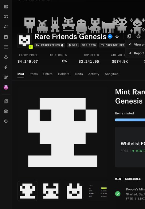 A screenshot of an NFT marketplace page displays the "Rare Friends Genesis" collection, showing a pixel art skull, a floor price of "$4,149.67", and a top offer of "$3,241.95".