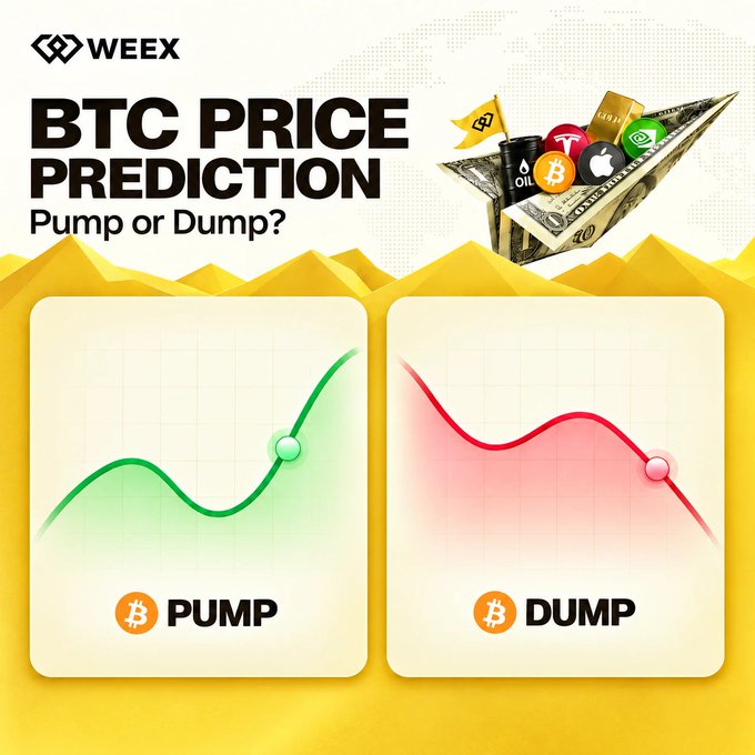 A promotional graphic by WEEX for a "BTC Price Prediction: Pump or Dump?" giveaway featuring $50 for 5 winners, displaying two stylized line charts—one green trending upward labeled "PUMP" and one red trending downward labeled "DUMP"—alongside a paper airplane loaded with cryptocurrency symbols (Bitcoin, Ethereum, Tether) and a barrel of oil, visually representing the trading contest where participants must reply with their prediction and UID.