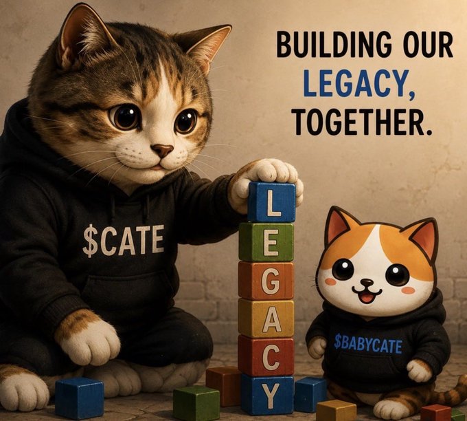 An AI-generated illustration shows a kitten in a black hoodie labeled '$CATE' stacking colorful blocks spelling 'LEGACY,' accompanied by a smaller cartoon cat wearing '$BABYCATE' apparel, with the text 'BUILDING OUR LEGACY, TOGETHER.' in the upper right.