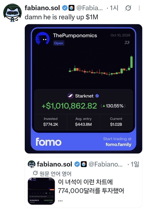 A screenshot from @fabiano.sol shows a tweet celebrating 'ThePumponomics' portfolio being up $1,010,862.82 (130.55%) with an advertisement for fomo.family.