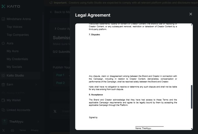 A screenshot of the Kaito platform displaying a 'Legal Agreement' modal window over the Kaito Studio page, showing sections 7 (Disputes) and 8 (Acceptance) of the terms, signed by user 'TheAliyyu'.