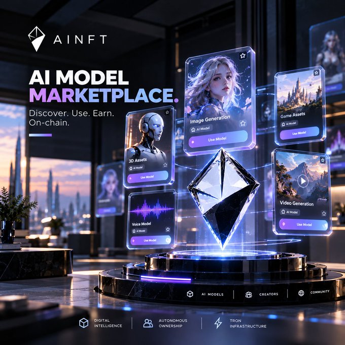 A promotional graphic for AINFT's 'AI Model Marketplace' with the tagline 'Discover. Use. Earn. On-chain', showcasing floating digital cards for Image Generation, Game Assets, 3D Assets, Voice Model, and Video Generation.