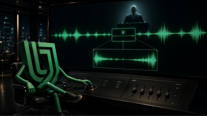 A stylized digital illustration of a green geometric figure seated at an audio mixing console, with green sound waveforms and a silhouetted figure displayed on a large screen.