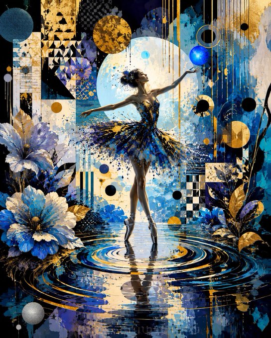 A vibrant, abstract mixed-media artwork portrays a ballerina in a blue and gold tutu reaching upward, surrounded by large blue flowers, geometric patterns, and celestial bodies in a rich palette of blue and gold.