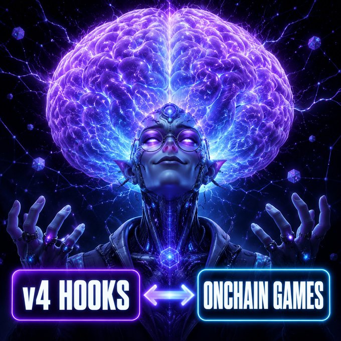A vibrant digital artwork features a futuristic humanoid figure with glowing purple eyes and raised hands, with a large luminescent purple brain floating above, and neon text boxes reading 'v4 HOOKS' and 'ONCHAIN GAMES'.