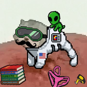 A pixel-art drawing depicts a gray-bearded man in a spacesuit with an American flag patch, a green alien on his shoulder, an 'Instant Karma' book on the ground, and pink alien figures nearby.