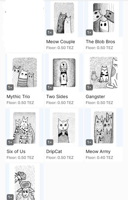 A mobile app marketplace showing various black-and-white cat NFT collectibles including "Meow Couple," "The Blob Bros," "Mythic Trio," "Two Sides," "Gangster," "Six of Us," "DripCat," and "Meow Army" with floor prices around 0.50 TEZ.