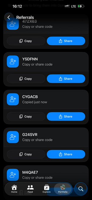 The image shows a "Referrals" page on what appears to be the OpenSea mobile app, displaying five invite codes: 47ZX63, Y5DFNN, CYGACB, G24SVR, and M4QAE7, each with "Copy" and "Share" buttons. This visually confirms the post's offer of 5 invite codes for early adopters of the new OpenSea mobile app, with the CYGACB code noted as "Copied just now."