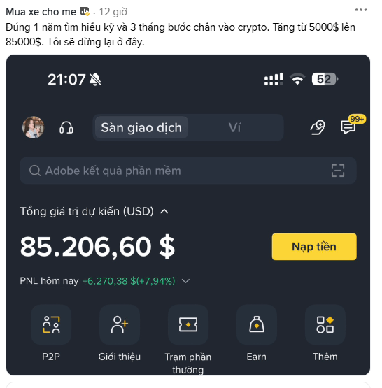 A Facebook post by 'Mua xe cho mẹ' shows a Binance account with a portfolio value of $85,206.60, claiming to have grown from $5,000 to $85,000 in 3 months after studying crypto for a year.