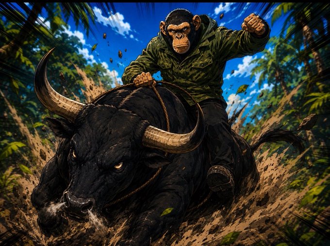 A determined chimpanzee in a green jacket charges forward atop a fierce black bull through a jungle landscape, capturing the unstoppable, bullish energy of the crypto weekend rally. The dynamic scene mirrors the post's rallying cry to embrace the market's momentum.