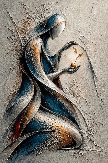 A textured artistic relief sculpture depicts a hooded figure cradling a small golden sprout in their hands.