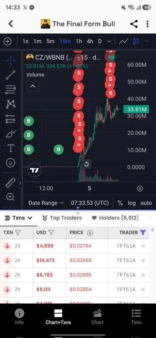 A cryptocurrency trading chart screenshot showing 'The Final Form Bull' token (CZ/WBNB pair) with a candlestick chart displaying numerous sell markers, price at $0.02794, market cap of 33.81M, and a transaction history showing recent trades by address '7FF61A.'