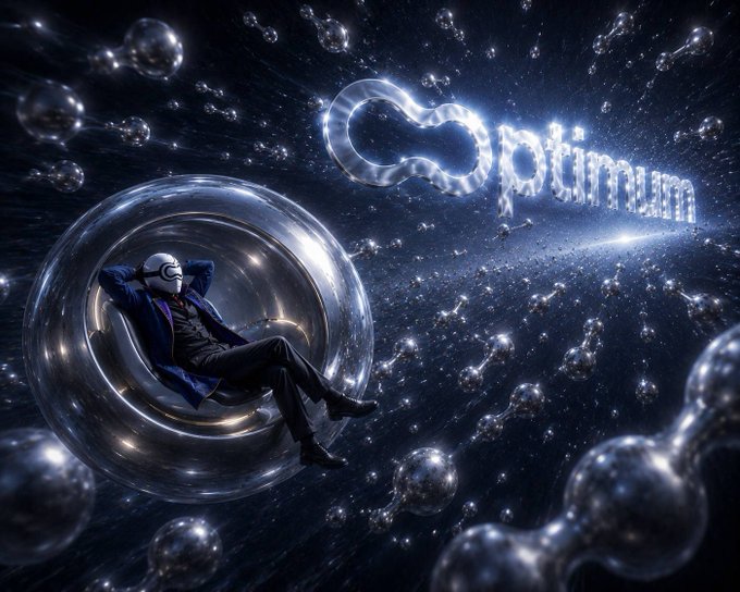 A digital artwork showing a suited figure wearing a VR headset reclining inside a transparent sphere surrounded by floating metallic bubbles, with the glowing word 'Optimum' in the background.