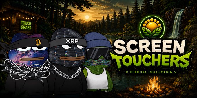 A colorful promotional banner for 'SCREEN TOUCHERS OFFICIAL COLLECTION' featuring cartoon crypto characters and a 'TOUCH GRASS' sign in a forest setting.