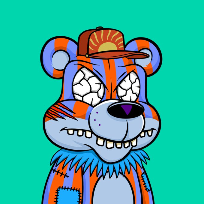 The image features an orange and blue cartoon bear with a hat, wearing a patchwork shirt that has patches of different colors. The bear appears to be wearing a bandana or a hat, giving it a unique appearance. The bear's face is painted in shades of red and white, adding to its distinctive look. The bear is standing against a green background, which contrasts with the colorful elements on its body. The image also includes text that reads "The @BadBearsOnSOL NFTs have a lot more going for them than just artwork", suggesting that these characters might be part of an online marketplace or a digital art project.