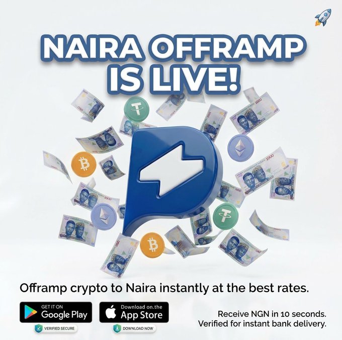 An advertisement for 'NAIRA OFFRAMP IS LIVE!' showing cryptocurrency logos (Bitcoin, Ethereum, Tether) and Nigerian Naira bills, offering instant offramping with Google Play and App Store download buttons.