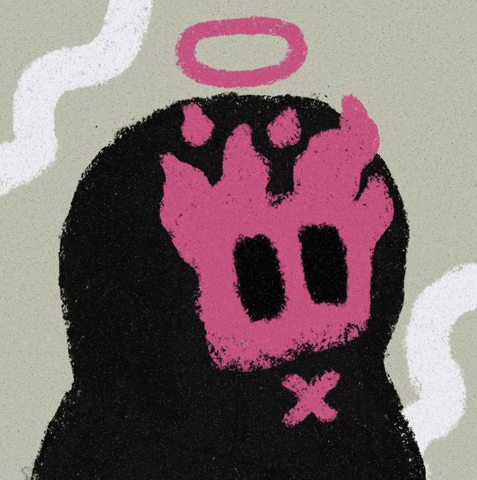 A stylized digital illustration of a black-hooded figure with a pink face, two dark oval eyes, a halo, and an X marked below, set against a light background with white wavy lines.