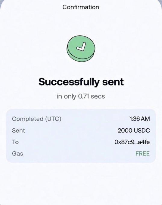 A mobile app confirmation screen showing "Successfully sent" with a green checkmark, indicating 2000 USDC was sent in 0.71 seconds with FREE gas.